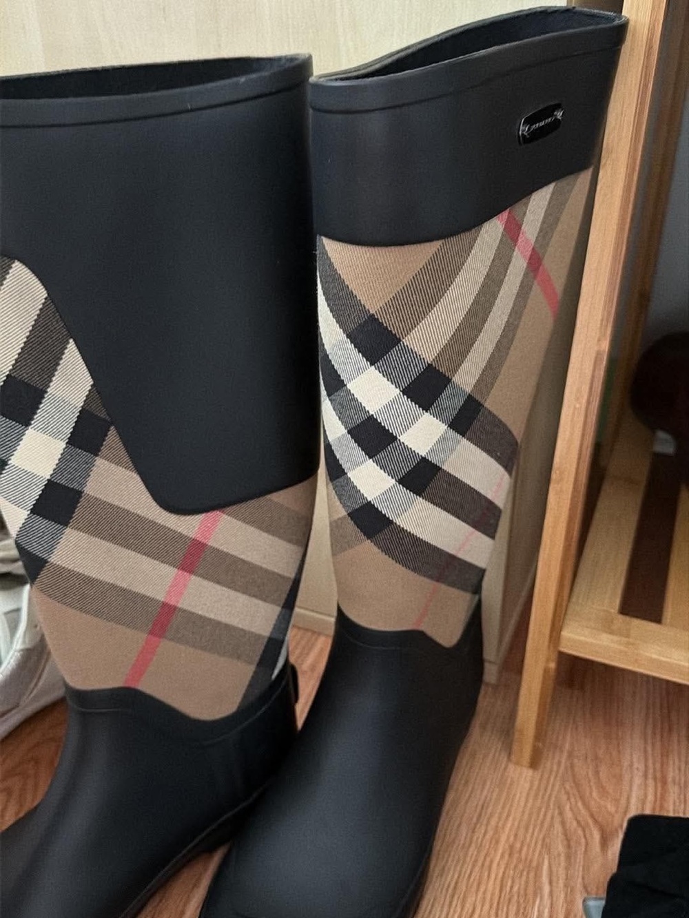 Plaid Tall Rain Boots in Beige and Black